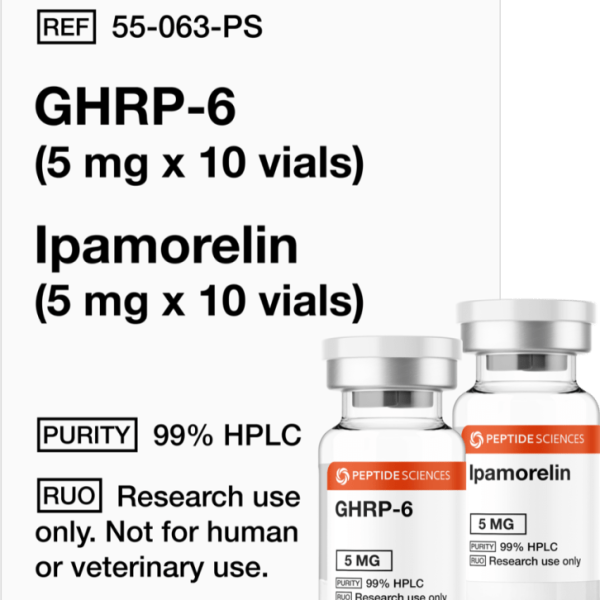 Professional USA PEPTIDE SCIENCES research kit box displaying the combined GHRP-6 5mg and Ipamorelin 5mg multi-vial array.