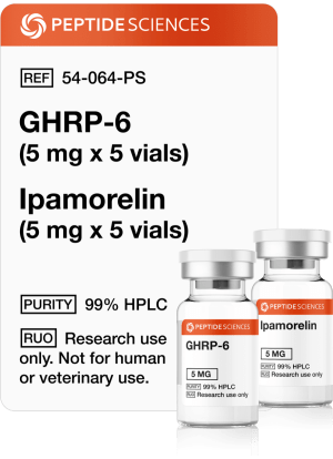 Professional USA PEPTIDE SCIENCES research kit box displaying the combined GHRP-6 5mg and Ipamorelin 5mg multi-vial array.