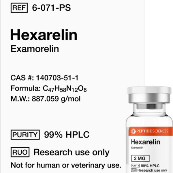 Premium Hexarelin 2mg growth hormone secretagogue and cardiovascular research vial featuring the official USA PEPTIDE SCIENCES label.