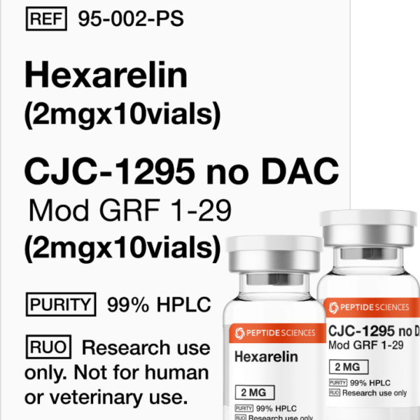 Professional USA PEPTIDE SCIENCES research kit box displaying the combined Hexarelin 2mg and CJC-1295 No DAC 2mg multi-vial array.
