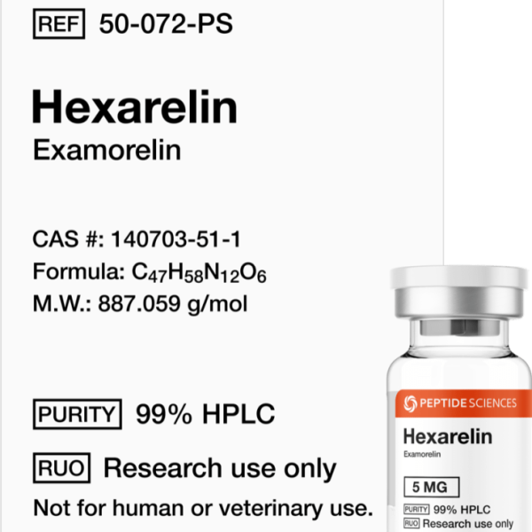 Premium Hexarelin 5mg growth hormone secretagogue and cardiovascular research vial featuring the official USA PEPTIDE SCIENCES label.