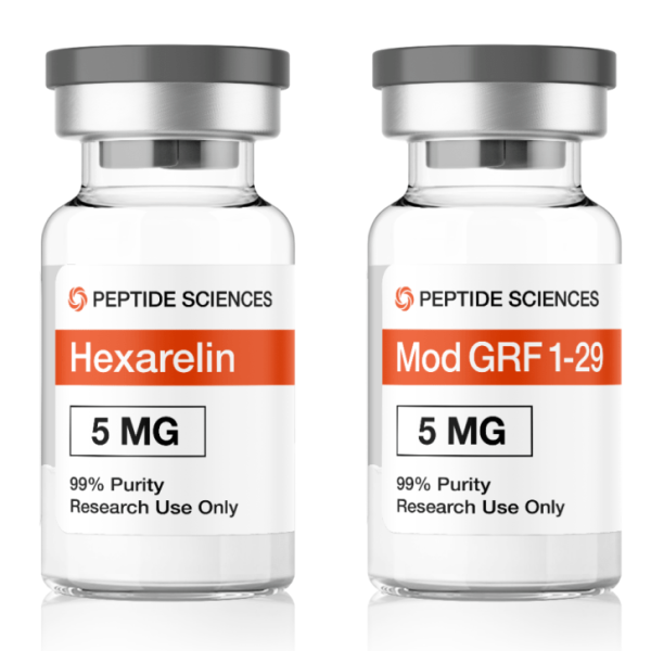 Professional USA PEPTIDE SCIENCES research kit box displaying the combined Hexarelin 5mg and CJC-1295 No DAC 5mg multi-vial array.