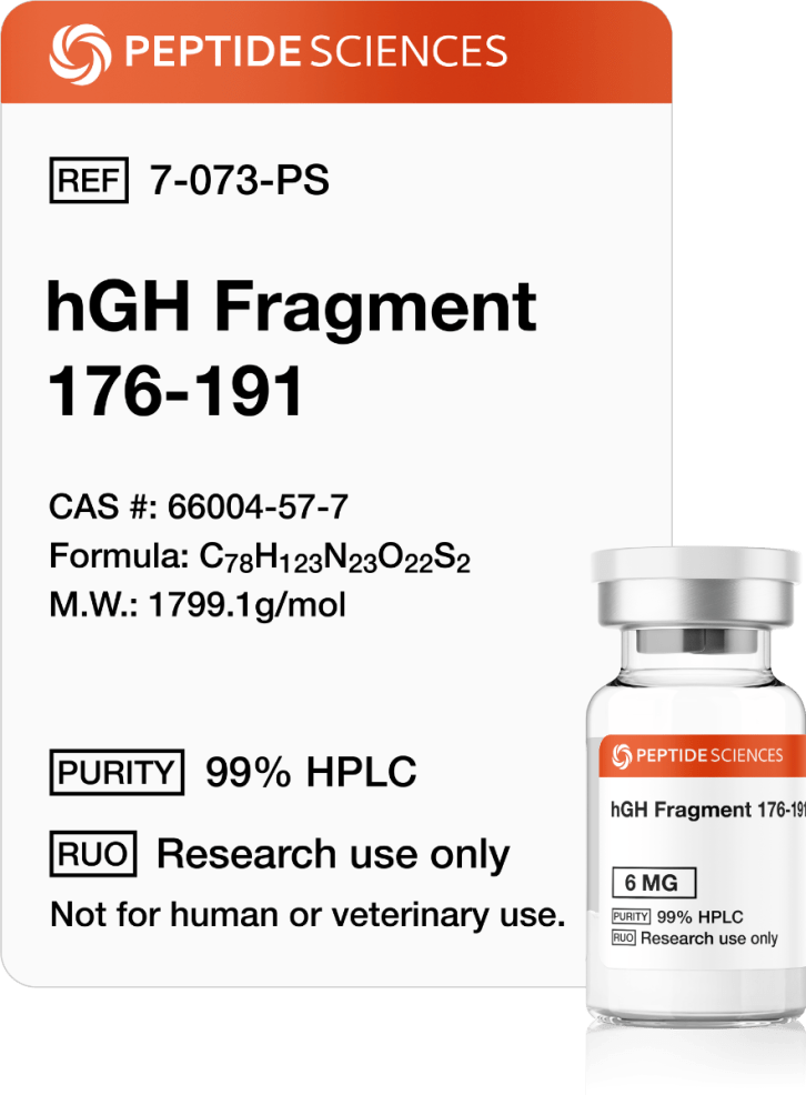 hGH Fragment 176-191 6mg Premium hGH Fragment 176-191 6mg metabolic research vial featuring the official USA PEPTIDE SCIENCES label.