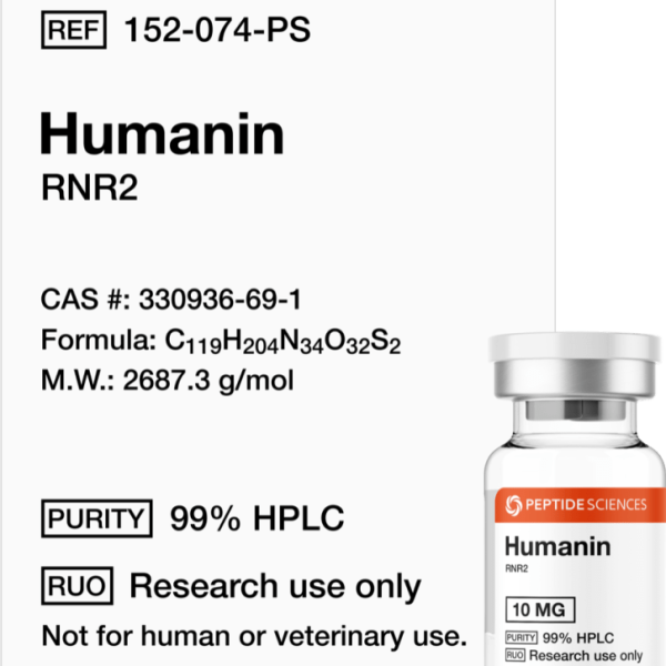 Premium Humanin 10mg mitochondrial-derived peptide research vial featuring the official USA PEPTIDE SCIENCES label.