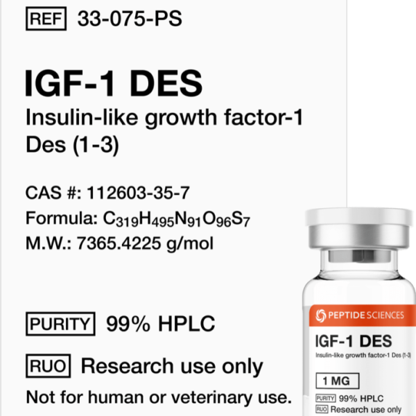 Premium IGF-1 DES 1mg truncated growth factor variant research vial featuring the official USA PEPTIDE SCIENCES label.