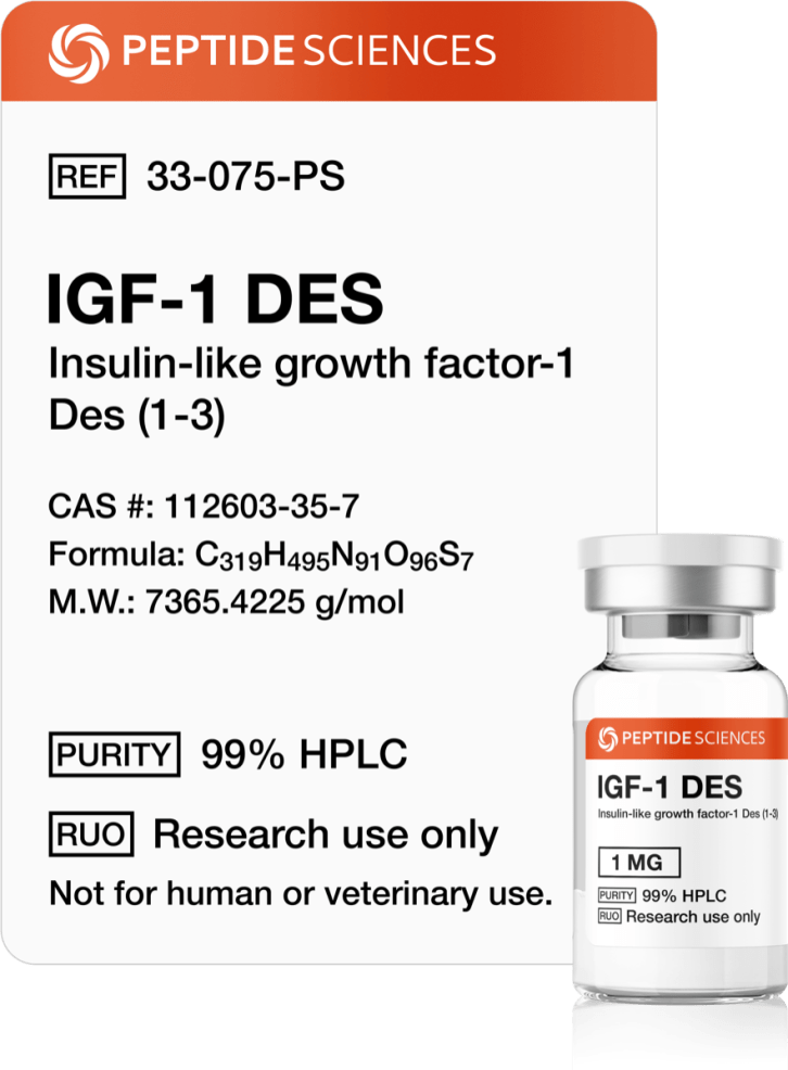 IGF-1 DES 1mg Premium IGF-1 DES 1mg truncated growth factor variant research vial featuring the official USA PEPTIDE SCIENCES label.