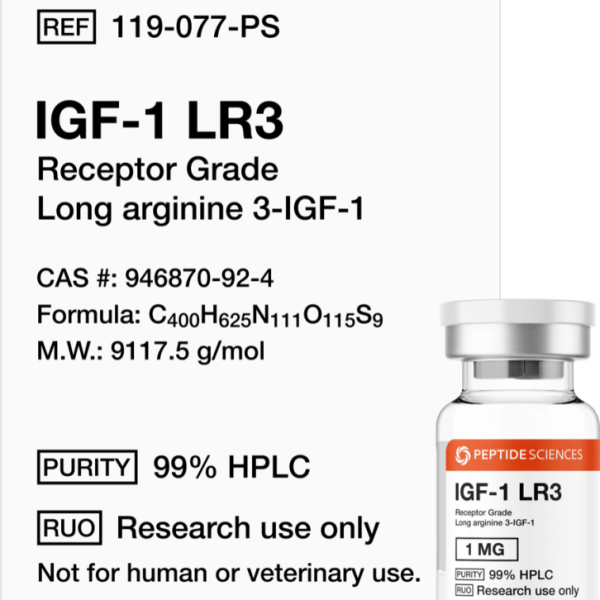 Premium Receptor Grade IGF-1 LR3 1mg research vial featuring the official USA PEPTIDE SCIENCES label.