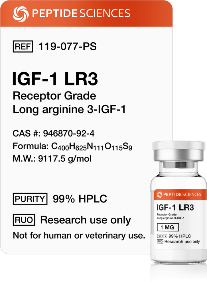 IGF-1 LR3 (Receptor Grade) 1mg Premium Receptor Grade IGF-1 LR3 1mg research vial featuring the official USA PEPTIDE SCIENCES label.
