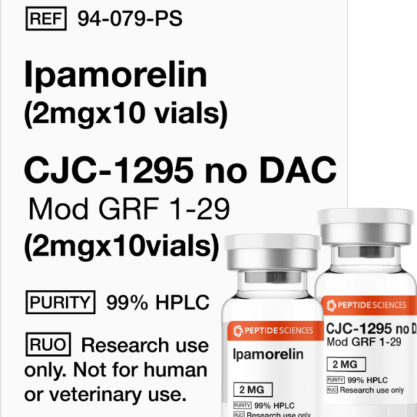 Professional USA PEPTIDE SCIENCES research kit box displaying the combined Ipamorelin 2mg and CJC-1295 No DAC 2mg multi-vial array.