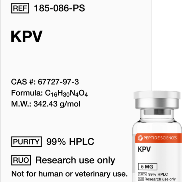 Premium KPV Peptide 5mg anti-inflammatory tripeptide research vial featuring the official USA PEPTIDE SCIENCES label.