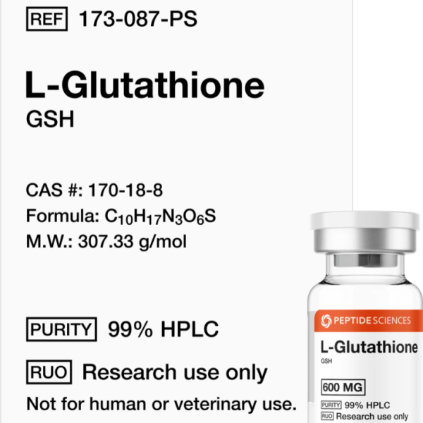 Premium L-Glutathione 600mg tripeptide research vial featuring the official USA PEPTIDE SCIENCES label.