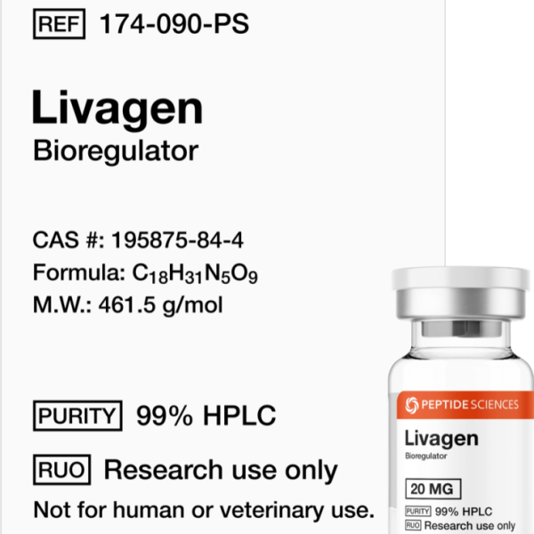 Premium Livagen 20mg short-chain bioregulator research vial featuring the official USA PEPTIDE SCIENCES label.