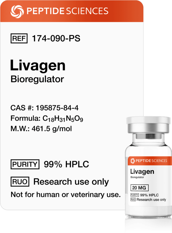 Livagen Peptide 20mg (Bioregulator) Premium Livagen 20mg short-chain bioregulator research vial featuring the official USA PEPTIDE SCIENCES label.
