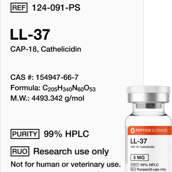 Premium LL-37 5mg (CAP-18) host defense peptide research vial featuring the official USA PEPTIDE SCIENCES label.