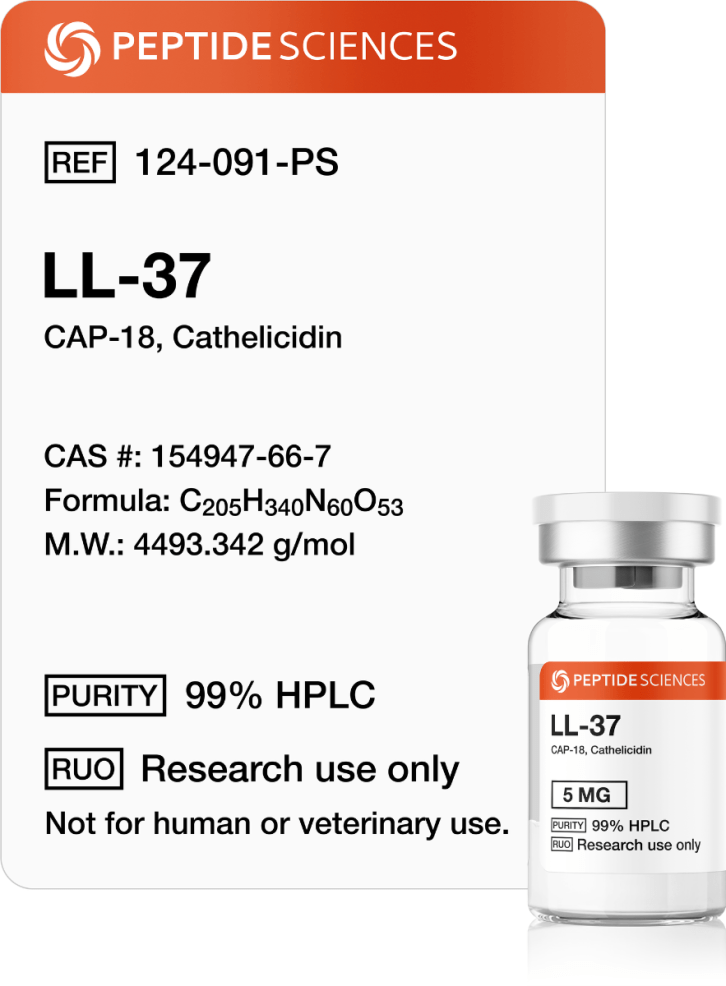 LL-37 5mg (CAP-18) Premium LL-37 5mg (CAP-18) host defense peptide research vial featuring the official USA PEPTIDE SCIENCES label.