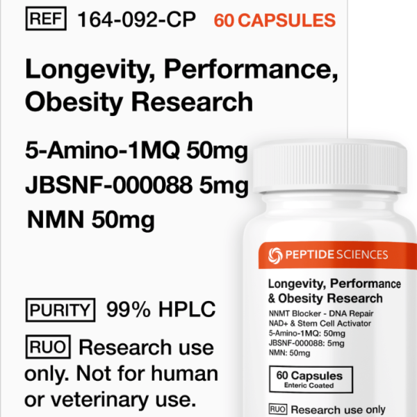 Professional bottle of Longevity, Performance & Obesity Research capsules (60 count) featuring the official USA PEPTIDE SCIENCES label.