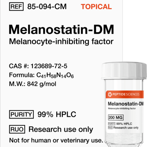 Premium Melanostatin DM 200mg topical research vial featuring the official USA PEPTIDE SCIENCES label.