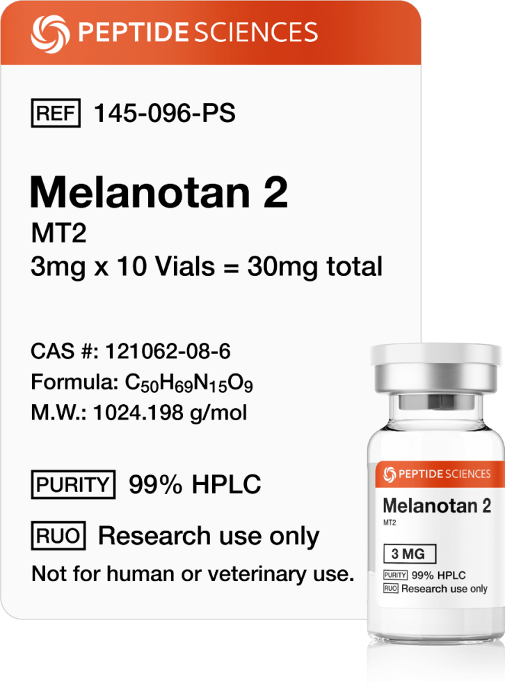 Melanotan 2 (MT2) (3mg x 10 Vials = 30mg) Professional 10-pack box of Melanotan 2 3mg research vials featuring the official USA PEPTIDE SCIENCES label.