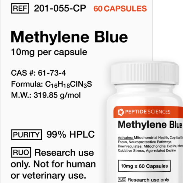 Professional bottle of Methylene Blue capsules (10mg x 60 count) featuring the official USA PEPTIDE SCIENCES label.