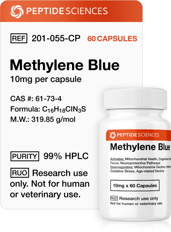 Methylene Blue (10mg x 60 Capsules = 600mg) Professional bottle of Methylene Blue capsules (10mg x 60 count) featuring the official USA PEPTIDE SCIENCES label.
