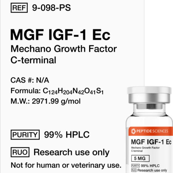 Premium MGF 5mg (IGF-1Ec) growth factor research vial featuring the official USA PEPTIDE SCIENCES label.