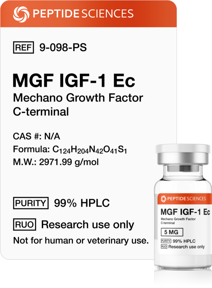MGF Peptide IGF-1 Ec 5mg Premium MGF 5mg (IGF-1Ec) growth factor research vial featuring the official USA PEPTIDE SCIENCES label.
