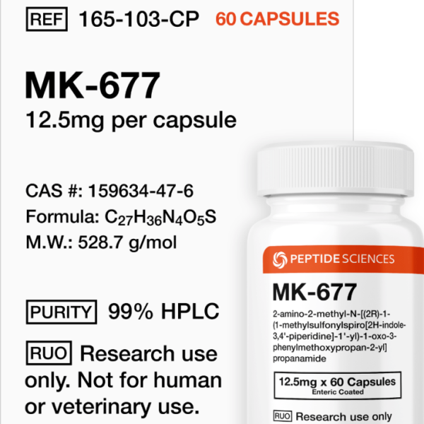 Professional bottle of MK-677 (Ibutamoren) capsules (12.5mg x 60 count) featuring the official USA PEPTIDE SCIENCES label.