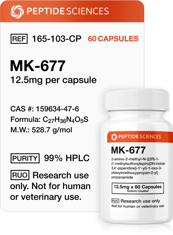MK-677 (Ibutamoren) 12.5mg (60 Capsules) Professional bottle of MK-677 (Ibutamoren) capsules (12.5mg x 60 count) featuring the official USA PEPTIDE SCIENCES label.