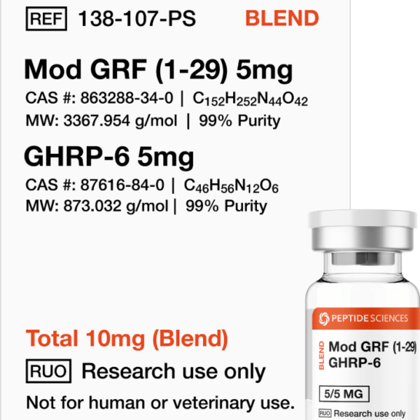 Premium Mod GRF & GHRP-6 blend 10mg research vial featuring the official USA PEPTIDE SCIENCES label.