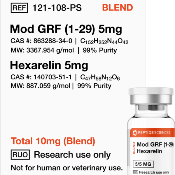 Premium Mod GRF & Hexarelin blend 10mg research vial featuring the official USA PEPTIDE SCIENCES label.