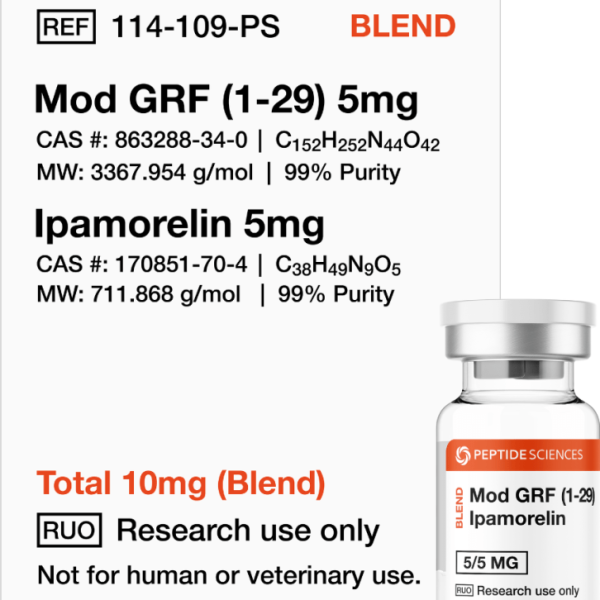 Premium Mod GRF & Ipamorelin blend 10mg research vial featuring the official USA PEPTIDE SCIENCES label.
