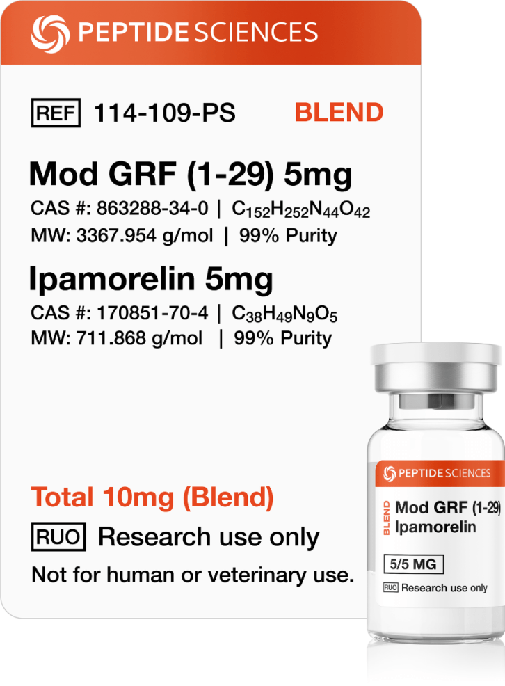 Mod GRF, Ipamorelin 10mg (Blend) Premium Mod GRF & Ipamorelin blend 10mg research vial featuring the official USA PEPTIDE SCIENCES label.