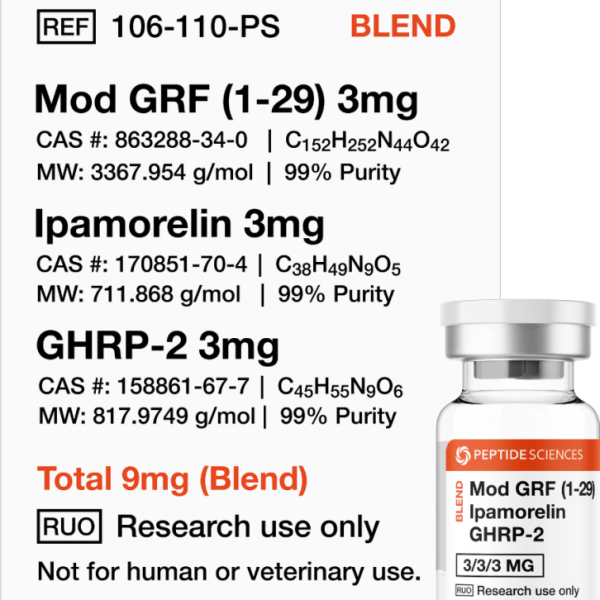 Premium Mod GRF, Ipamorelin & GHRP-2 blend research vial featuring the official USA PEPTIDE SCIENCES label.