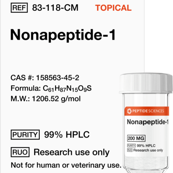 High-purity 200mg selective MC1R antagonist compound in a vacuum-sealed laboratory glass vial.