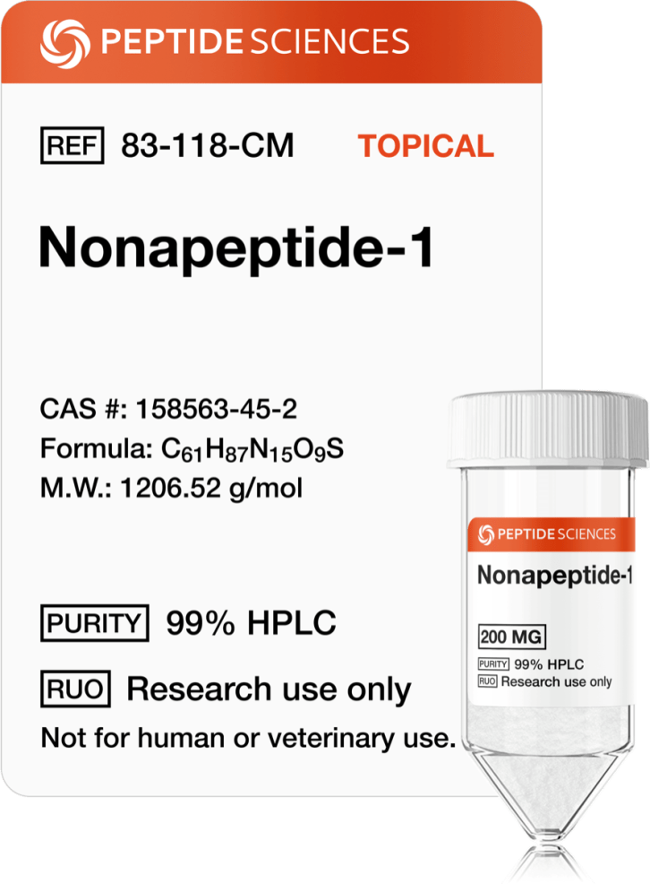 Nonapeptide-1 200mg (Topical) High-purity 200mg selective MC1R antagonist compound in a vacuum-sealed laboratory glass vial.