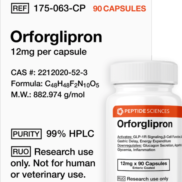 Professional bottle of Orforglipron capsules (12mg x 90 count) featuring the official USA PEPTIDE SCIENCES label.