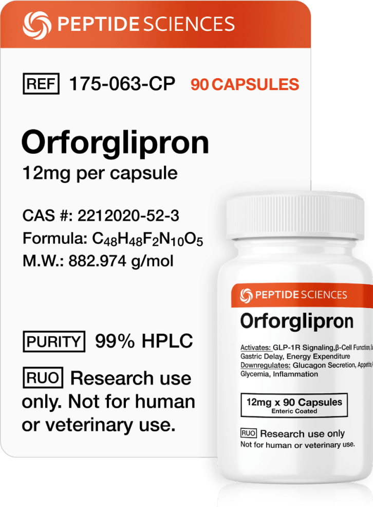 Orforglipron (12mg x 90 Capsules = 1,080mg) Professional bottle of Orforglipron capsules (12mg x 90 count) featuring the official USA PEPTIDE SCIENCES label.