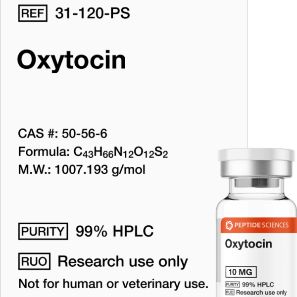 Premium Oxytocin 10mg (6000 IU) research vial featuring the official USA PEPTIDE SCIENCES label.