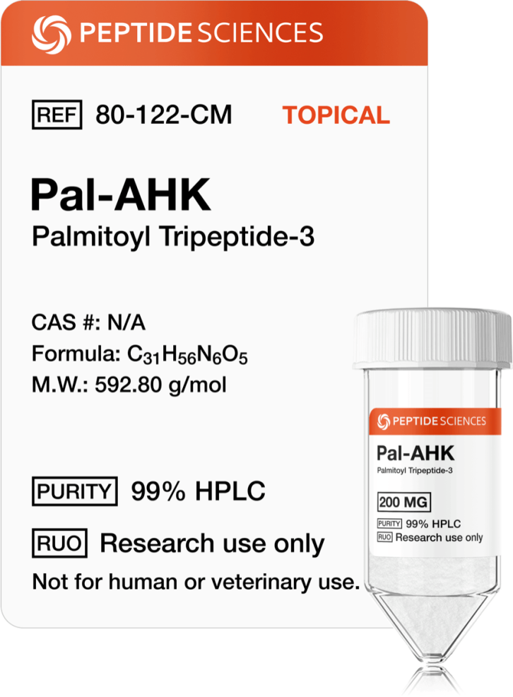 Pal-AHK 200mg (Topical) High-purity 200mg copper-binding lipopeptide compound in a vacuum-sealed laboratory glass vial.