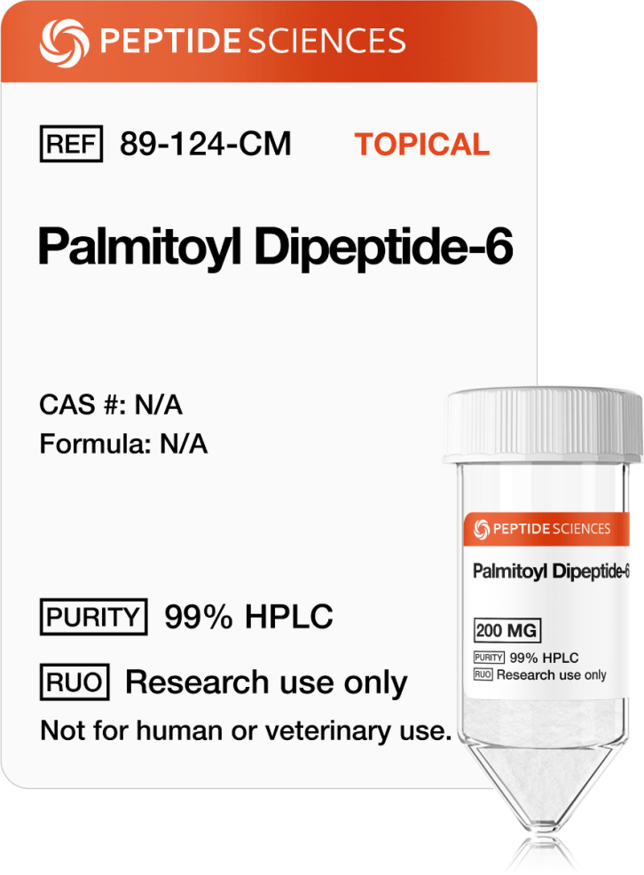Palmitoyl Dipeptide-6 200mg (Topical) High-purity 200mg lipopeptide compound in a vacuum-sealed laboratory glass vial.