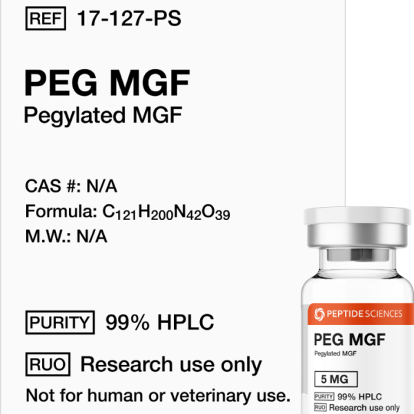 Vacuum-sealed 5mg pegylated peptide vial showing the uniform white lyophilized cake.