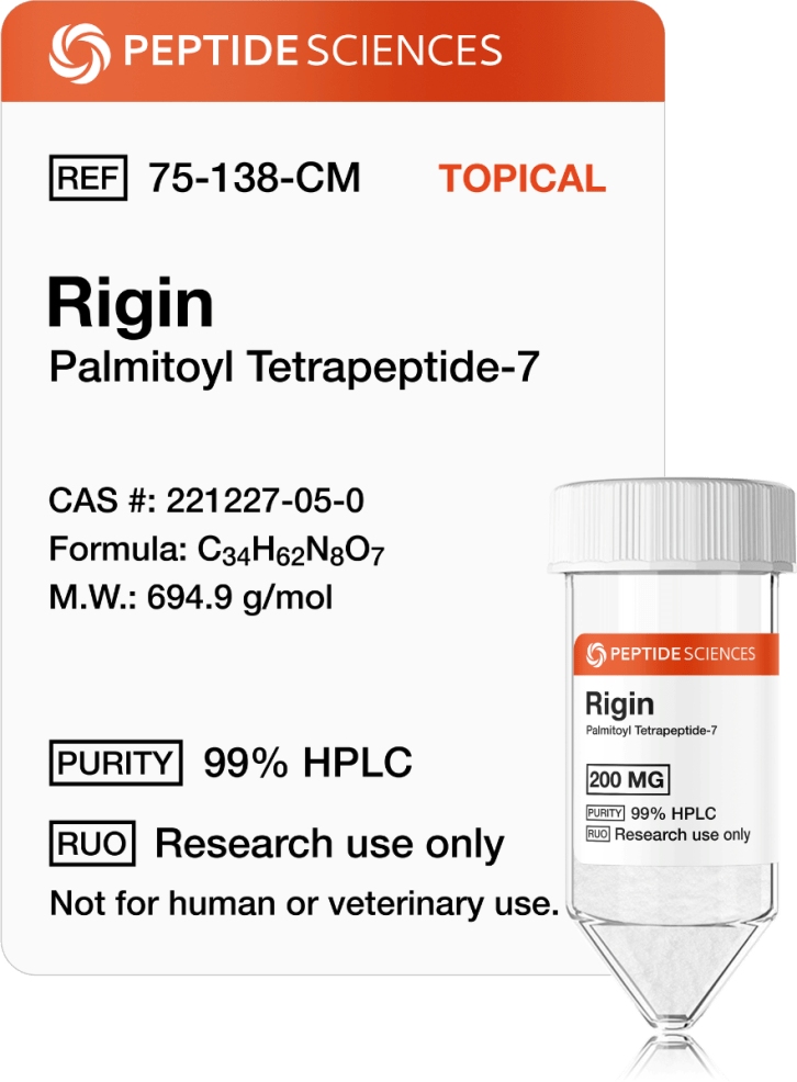 Rigin 200mg (Palmitoyl Tetrapeptide-7) (Topical) High-purity 200mg topical peptide compound in a vacuum-sealed laboratory glass vial.