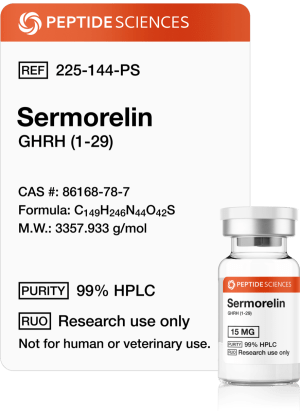 Scientist evaluating HPLC-MS data for a 15mg batch of high-purity Sermorelin peptide.