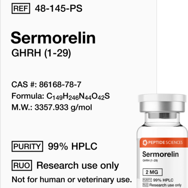 Premium Sermorelin 5mg research vial featuring the official USA PEPTIDE SCIENCES label.