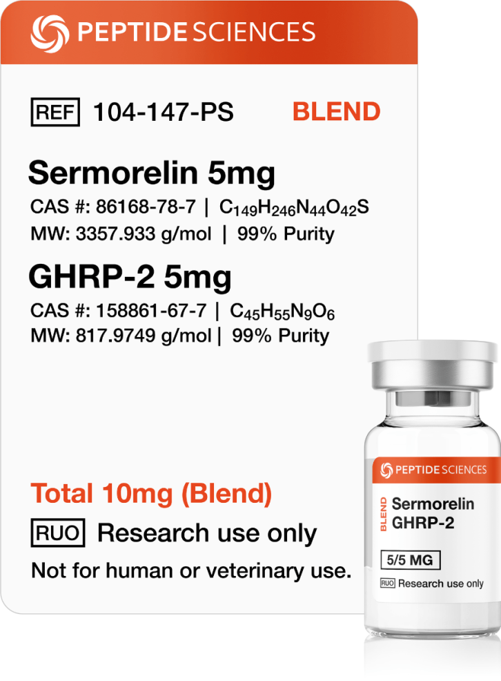 Sermorelin, GHRP-2 10mg (Blend) Close-up of a premium lyophilized compound vial engineered for dual-pathway endocrine research.