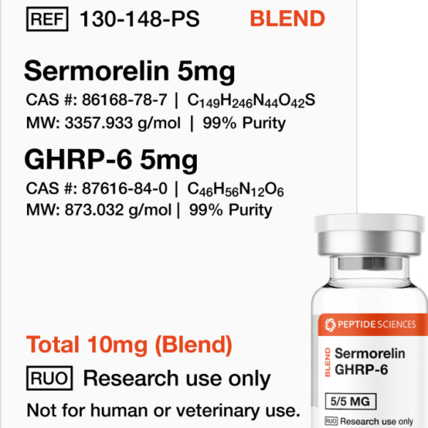 High-purity 5mg and 5mg blended peptide cake in a vacuum-sealed glass vial.