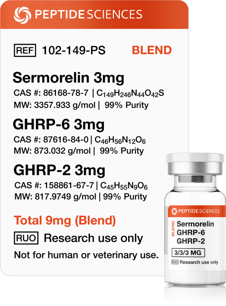 Sermorelin, GHRP-6, GHRP-2 9mg (Blend) Triple-combination peptide blend showing the uniform white lyophilized powder cake.