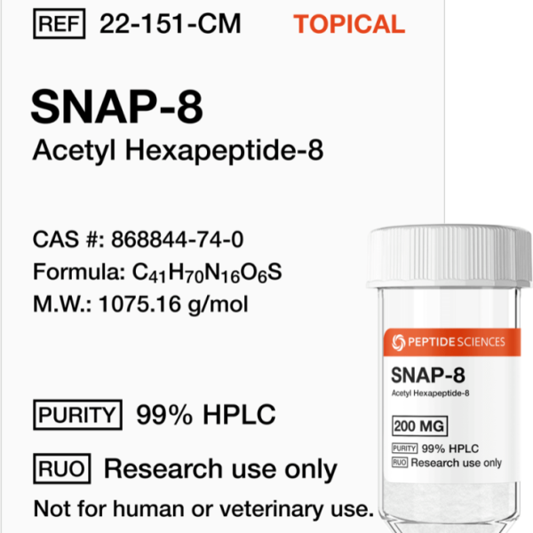 SNAP-8 (Acetyl Octapeptide-3) 200mg research vial with USA PEPTIDE SCIENCES label.