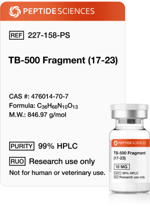 High-purity TB-500 Fragment (17-23) 10mg vial with USA PEPTIDE SCIENCES labeling.