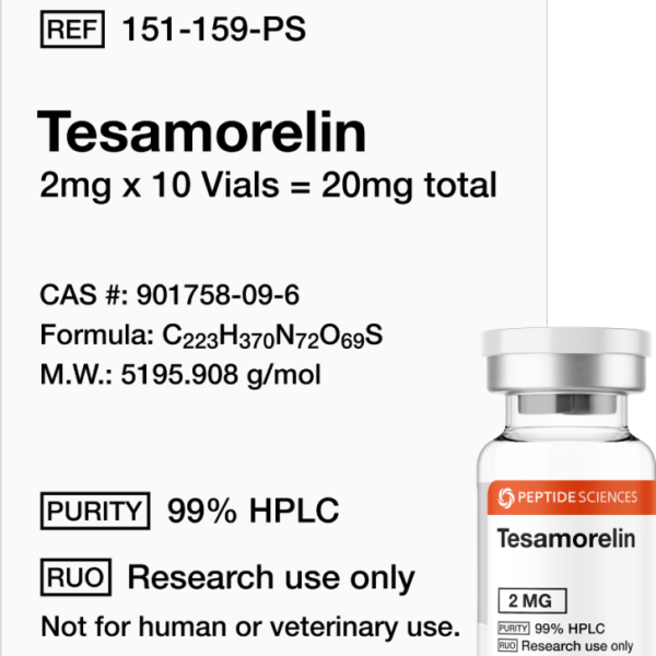 Professional 10-vial kit box of Tesamorelin 2mg with USA PEPTIDE SCIENCES branding.